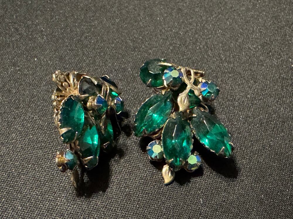 Marquise Cut Emergald Green A/B Rhinestone Clip On Earrings